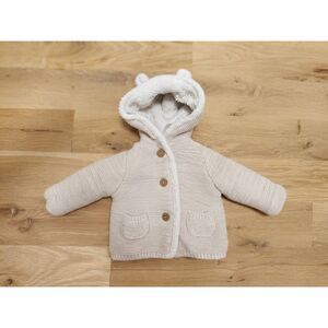Carter's Baby Bear Ears Knit Hooded Sweater Jacket Oatmeal Cream 3M EUC